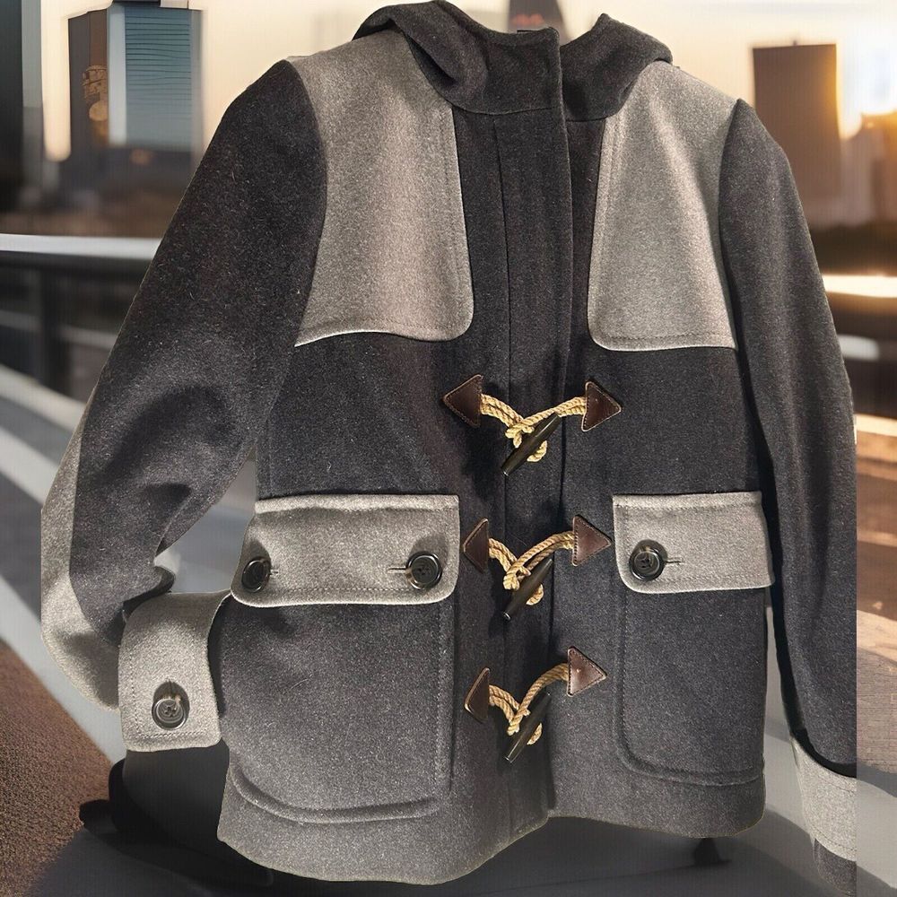 J Crew Colorblock Duffel Coat Women's Sz 00 Grey Toggle Hooded Jacket Wool Blend